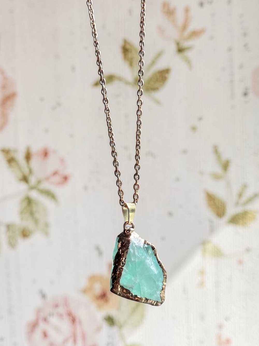 GREEN FLUORITE 14k gold plated raw cut natural stone pendant necklace gold chain